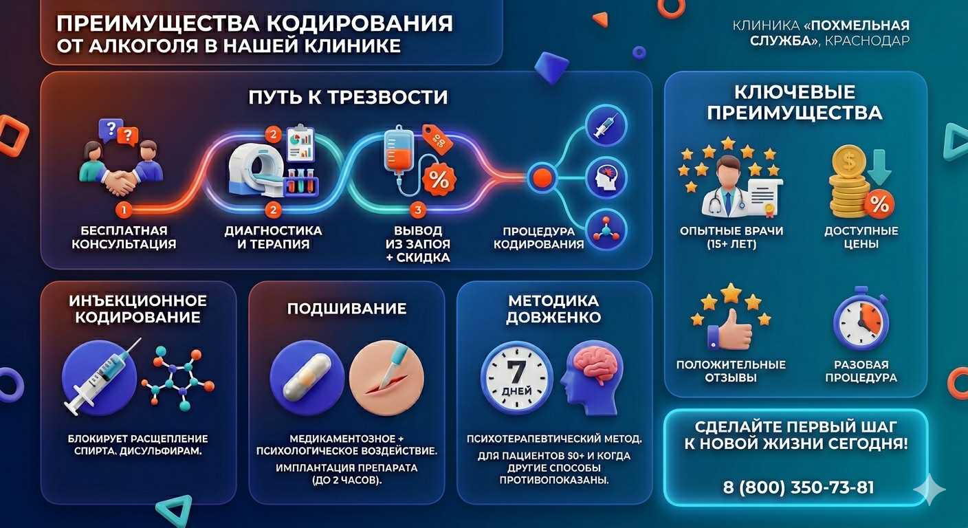 Инфографика о методах кодирования от алкоголя в Югорске: инъекции, подшивание, метод Довженко. Преимущества клиники и этапы лечения.